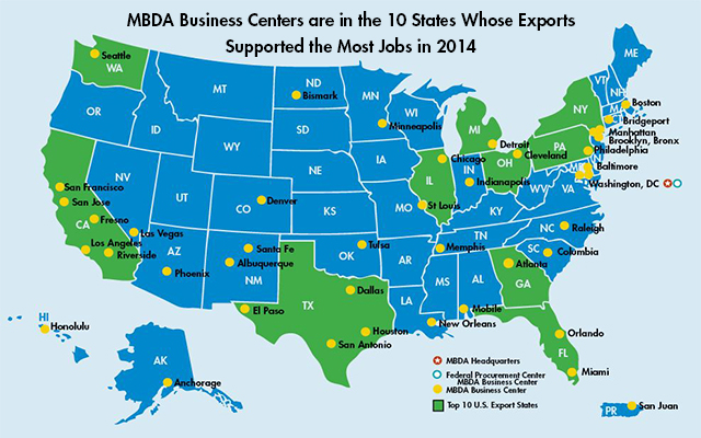 MBDA Business Centers are in the 10 States whose exports supported the most jobs in 2014