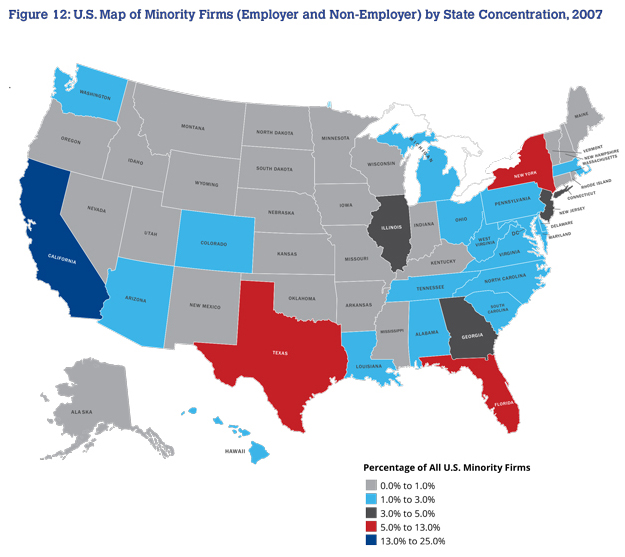 U.S. Map of Minority Firms (Employer and Non-Employer) by State Concentration, 2007