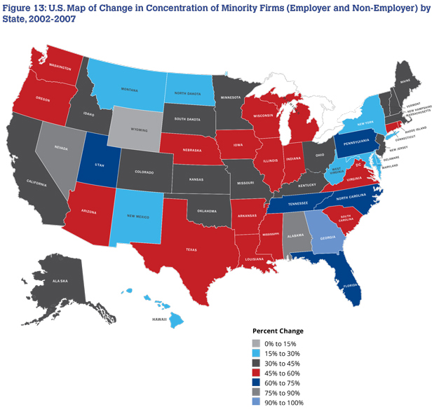 U.S. Map of Change in Concentration of Minority Firms (Employer and Non-Employer) by State, 2002-2007