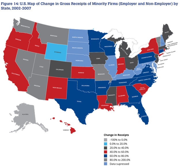U.S. Map of Change in Gross Receipts of Minority Firms (Employer and Non-Employer) by State, 2002-2007