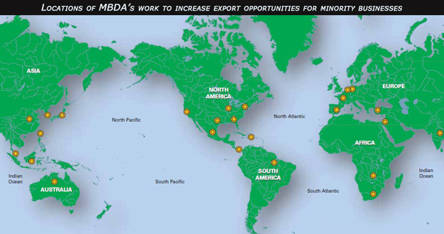 Locations of MBDA's work to increase export opportunities for minority-owned businesses