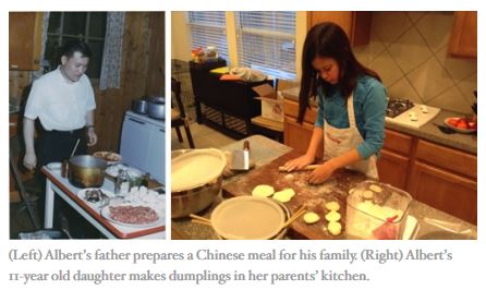 (Left) Albert&#39;s father prepares a Chinese meal for his family. (Right) Albert&#39;s 11-year old daughter makes dumplings in her parents&#39; kitchen. 