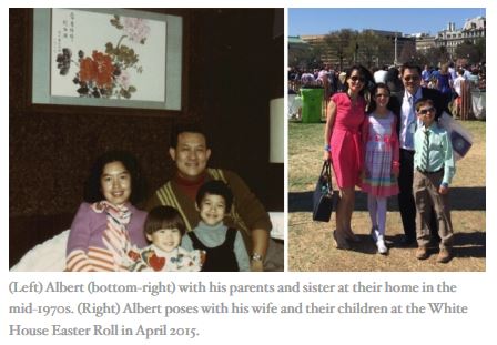(Left) Albert (bottom-right) with his parents and sister at their home in the mid-1970s. (Right) Albert poses with his wife and their children at the White House Easter Roll in April 2015. 