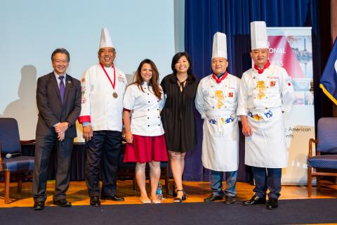 From left to right: George Mui, MBDA, Chef Widjiono (Yono) Purnomo, Chef Patrice Cleary of Purple Patch, Jan-Ie Low, Golden Catalyst, LLC and Celebrity Chef event organizer, Chef Michael Chen and Chef Rusong Dai of New China Taste.