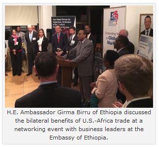 H.E. Ambassador Girma Birru of Ethiopia discussed the bilateral benefits of U.S.-Africa trade at a networking event with business leaders at the Embassy of Ethiopia.