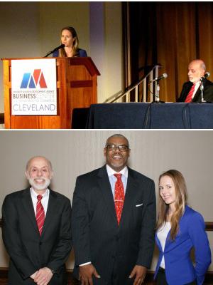 Top Photo - Alison Gatchev, OPIC Director of Corporate Development, addresses the OPIC-MBDA Expanding Horizons seminar in Cleveland as OPIC Director of Outreach and Public Affairs Dr. Lawrence Spinelli looks on. (Photos: Jay R. Fogel)
Bottom Photo - Dr. 