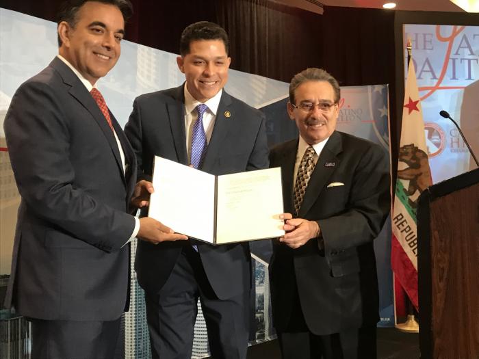 MBDA Acting Director Chris Garcia (center) is joined by Hector Barreto, Chairman of The Latino Coalition (left), and Manny Rosales, Executive Director of The Latino Coalition (right), at the West Coast Economic Summit in Los Angeles, CA 